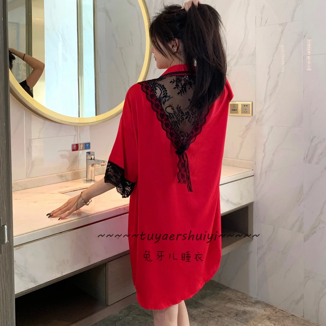 【露背睡裙】前惑冰雪丝红色 后黑色蕾丝家居睡裙