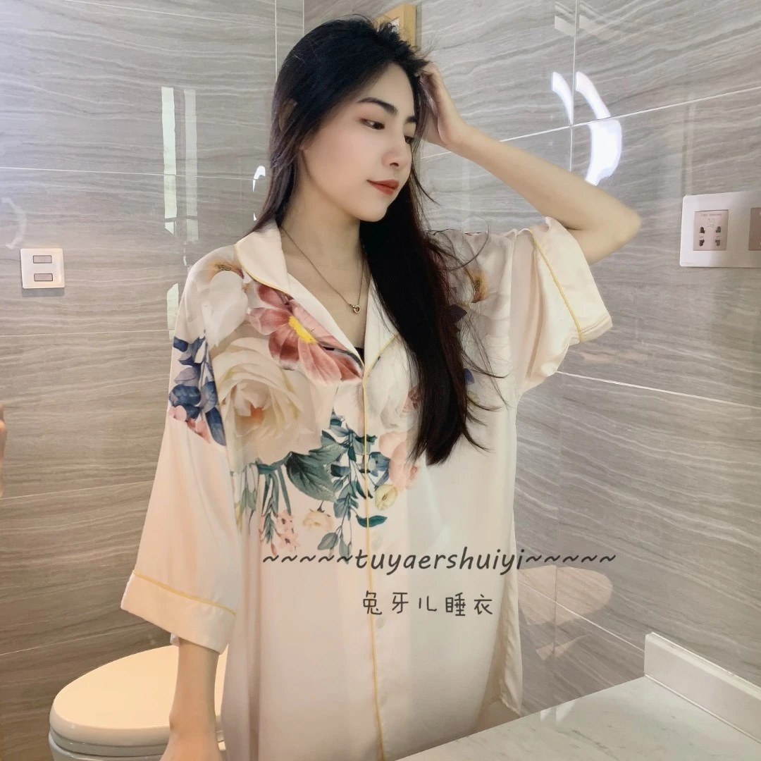 【锦上添花】前惑时尚冰雪丝睡裙印花气质宽松牡丹花家居服睡衣女