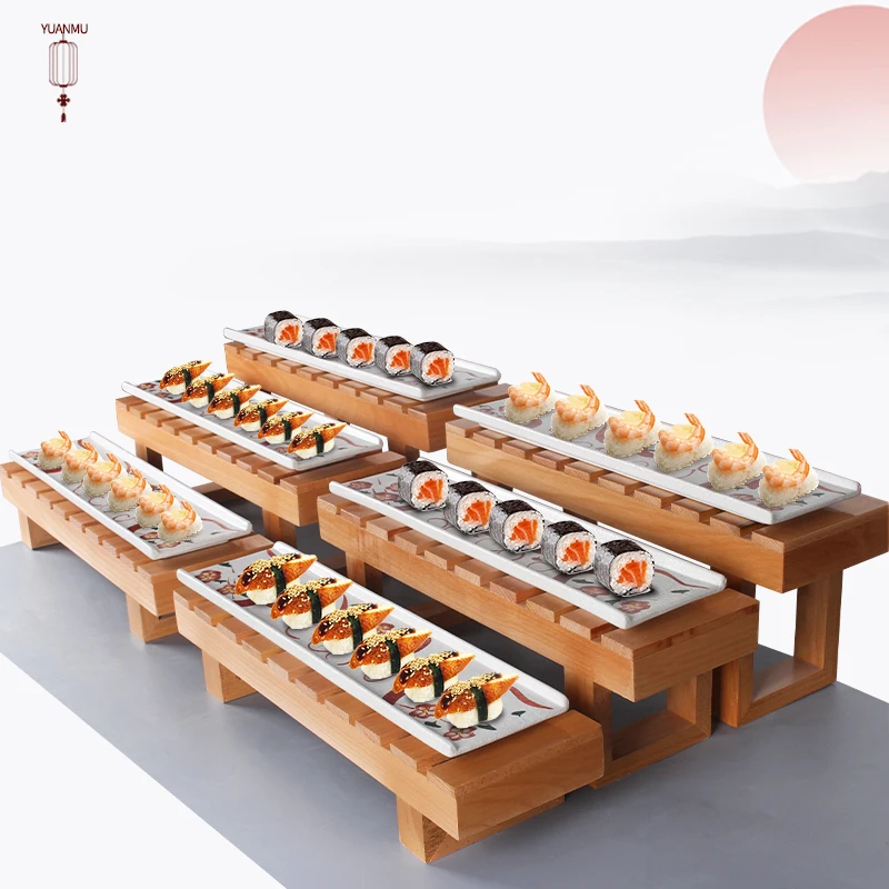 自助餐寿司展示架陶瓷盘点心盘三层架子实木寿司台宴会甜品展示架