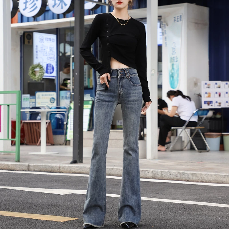 高腰毛边微喇牛仔裤女修身显瘦2025春装新款港风高级感弹力喇叭裤