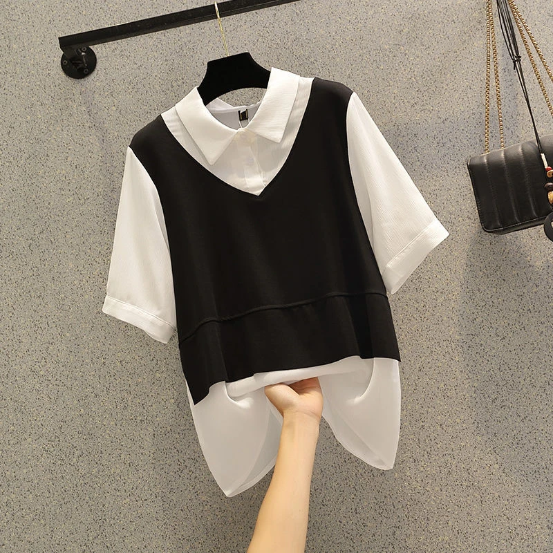 衬衫女洋气夏季新款大码时尚显瘦假两件衬衣女百搭减龄气质上衣女