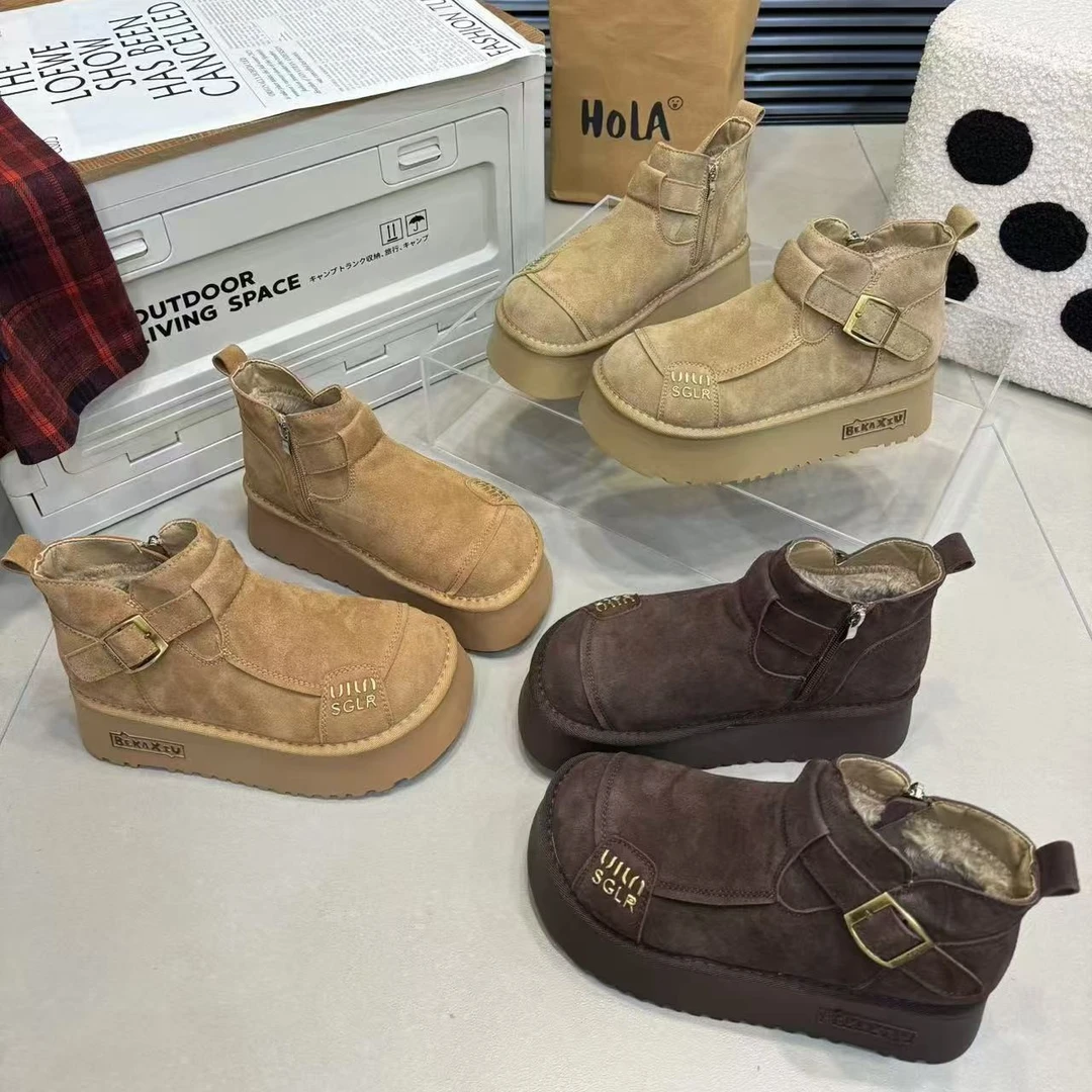 磨砂皮厚底棉鞋女2024冬季新款加绒复古百搭休闲短靴雪地靴667