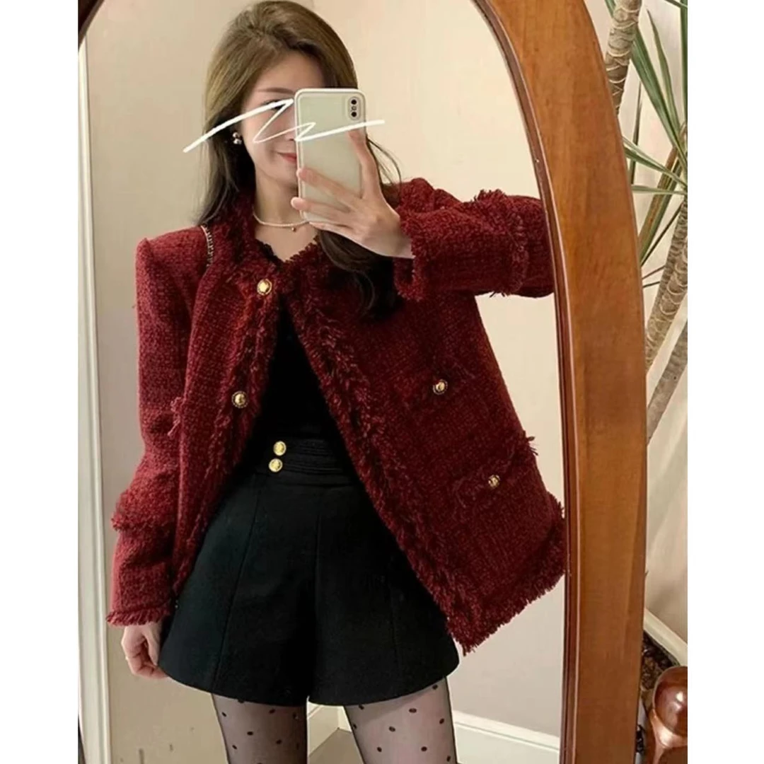 2024秋冬酒红色喜庆小香风短款外套保暖气质小个子短外套女装