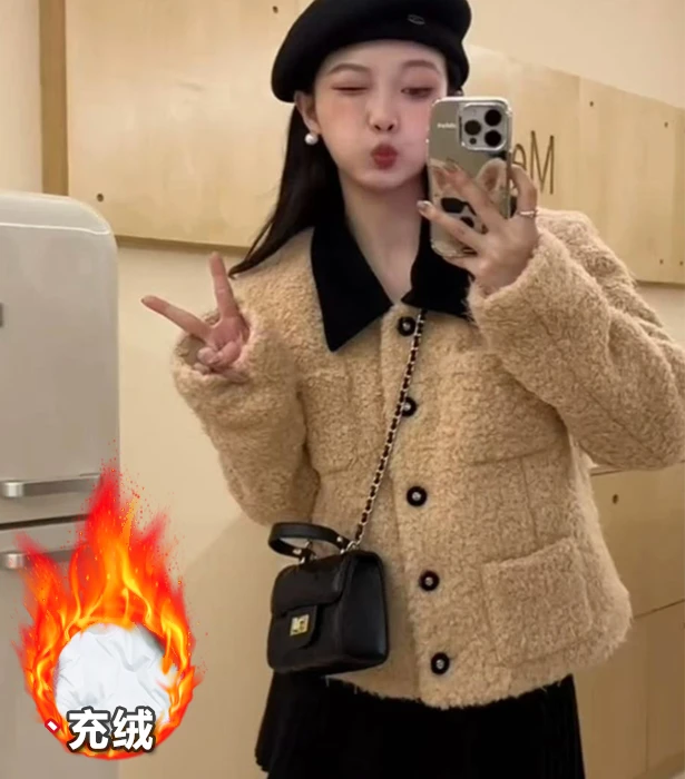 网红宽松外套小香内胆外套女2024秋冬季加厚保暖撞色翻领上衣服