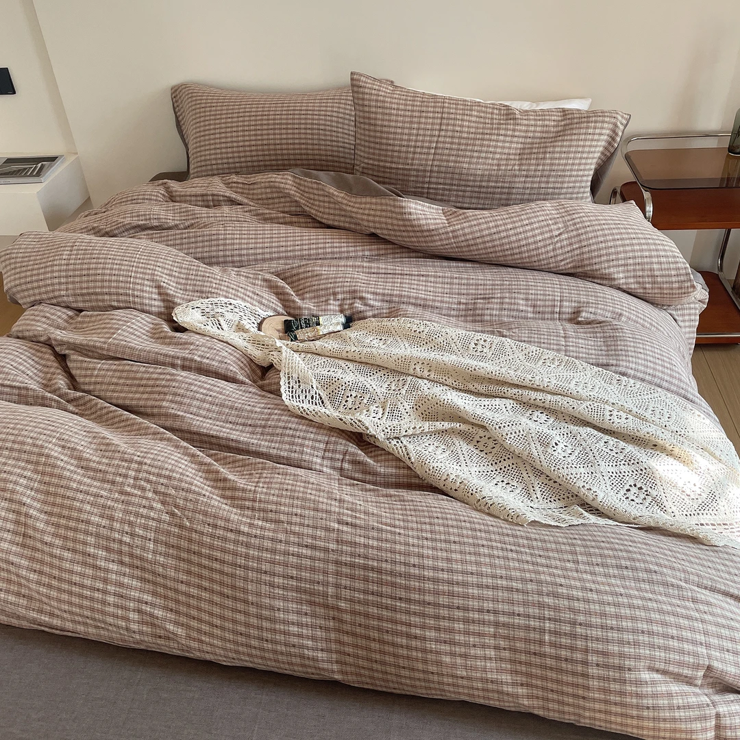 ZAKER纯棉双层纱系列色织提花浅咖小格标准加大