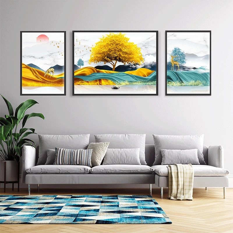 晶瓷画财源滚滚大中小三联画客厅装饰画沙发背景墙壁画简约
