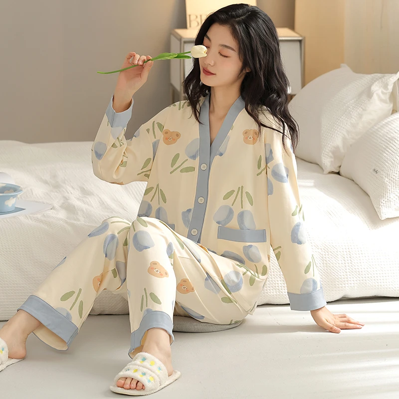 春季新款女生睡衣简约宽松舒适甜美时尚长袖长裤套装家居服可外穿