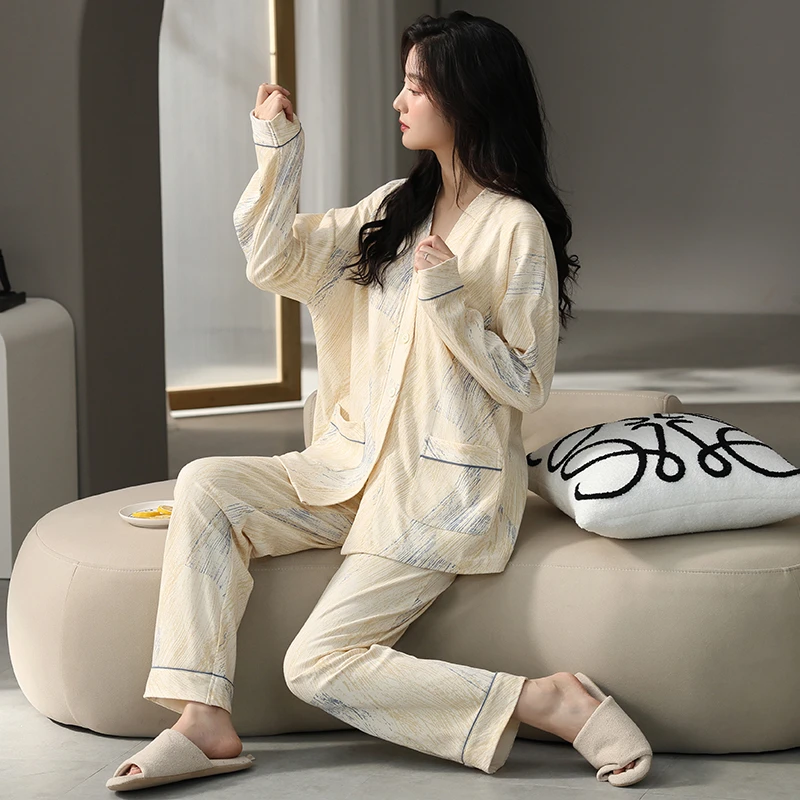 春季新款简约睡衣宽松长裤长袖舒适女生时尚甜美套装可外穿家居服