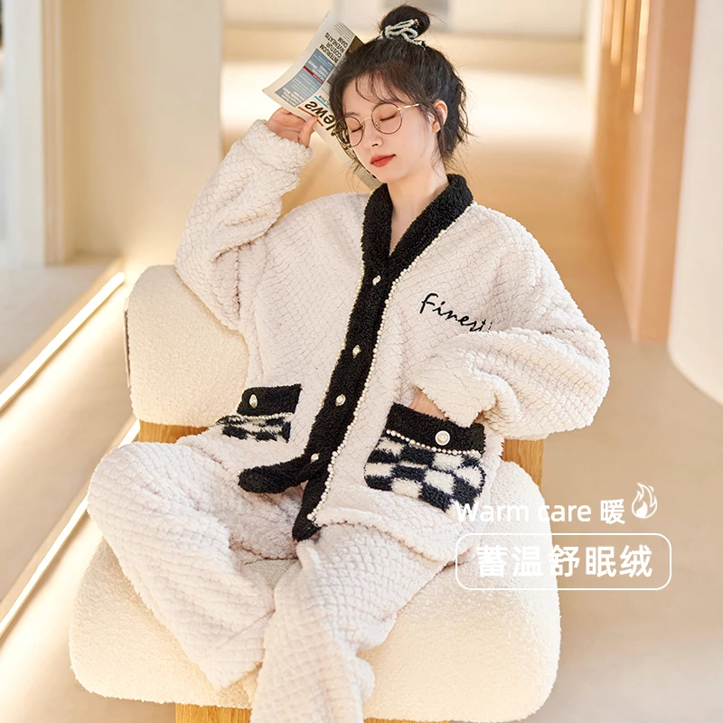 冬季新款睡衣女生加厚保暖韩版时尚大码可外穿宽松两件套家居服