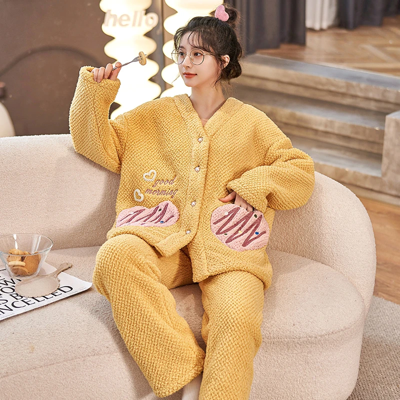 新款女生加绒加厚睡衣冬季简约宽松舒适黄色时尚套装家居服可外穿