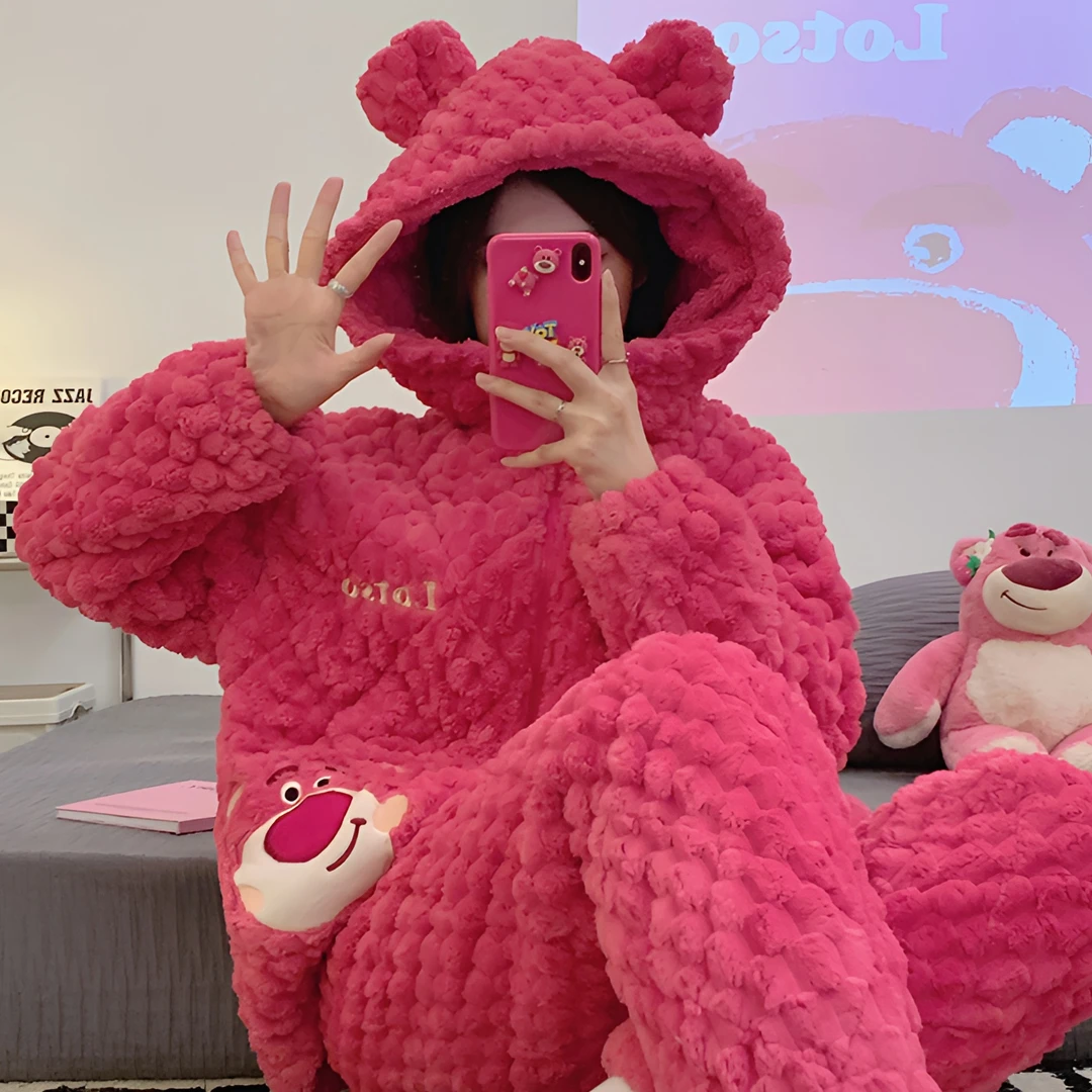 秋冬玫瑰绒睡衣女连帽宽松长毛绒家居服三层夹棉加绒加厚保暖套装