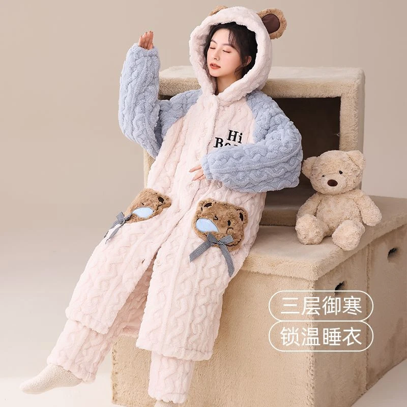 女士三层夹棉睡袍秋冬季加绒加厚新款连帽冬天冬款保暖家居服