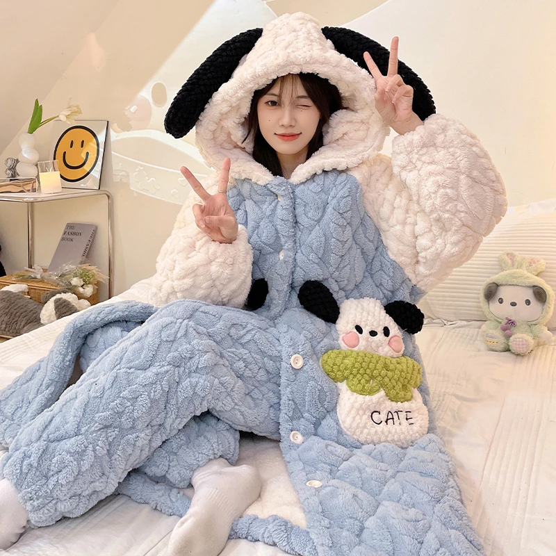 冬天睡袍女爆款三层夹棉长袖2024年新款加厚加绒秋冬季套装家居服