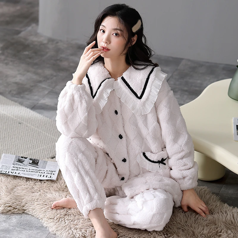 冬季新款宽松舒适时尚保暖甜美睡衣女士家居服套装加厚加绒可外穿