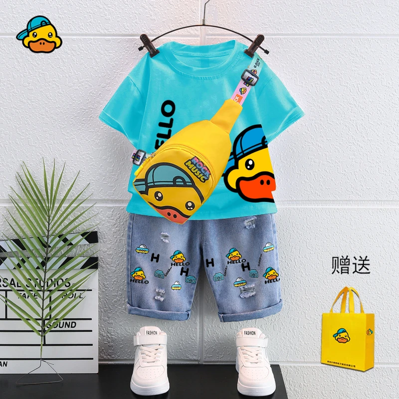 小黄鸭2024夏季新款男童短袖t恤牛仔短裤套装中小童运动休闲夏装6