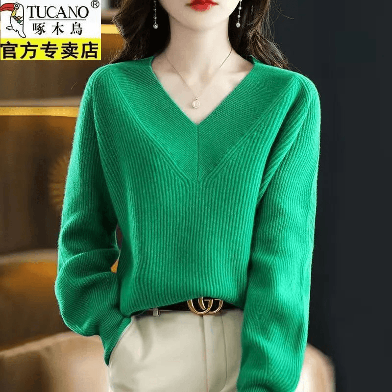 啄木鸟v领针织毛衣女2023秋冬季新款羊毛衫慵懒风洋气宽松打底衫