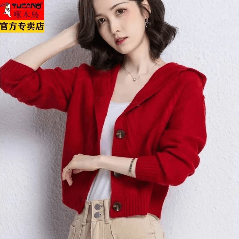 啄木鸟新款小个子早秋羊毛针织开衫毛衣外套女装连帽高腰短款外搭