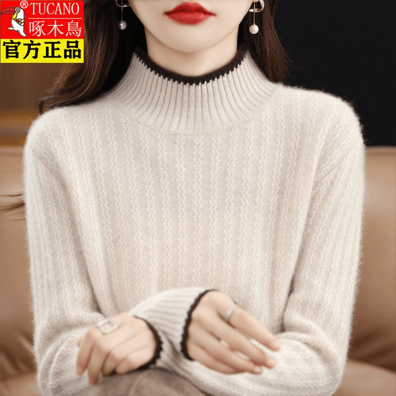 啄木鸟羊绒衫女半高领拼色螺纹针织衫秋冬季新款内搭外穿羊绒毛衣