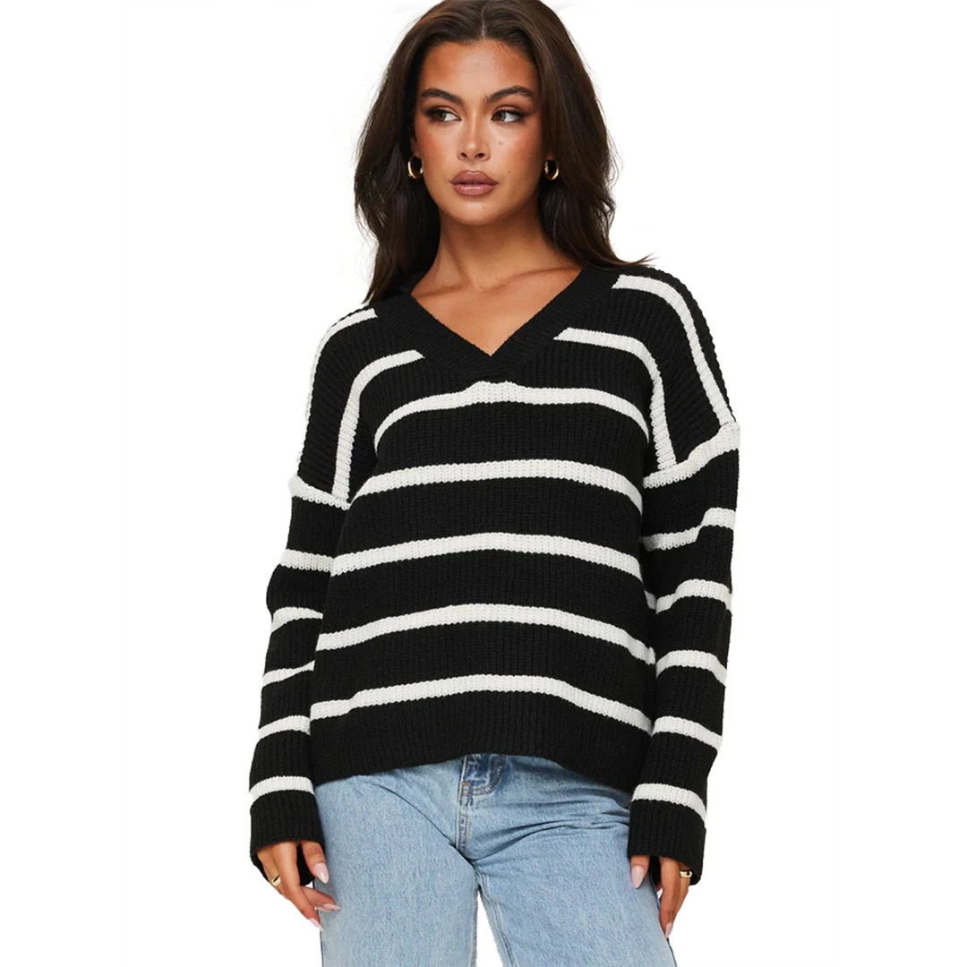 法式领宽松条纹毛衣24冬季松弛感落肩廓形显瘦衫长袖针织时尚女士