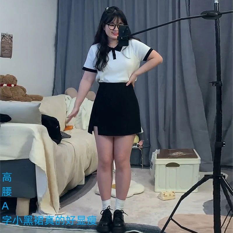 大码黑色半身裙夏季胖mm显瘦薄款a字裤裙开叉裙子设计感高腰短裙