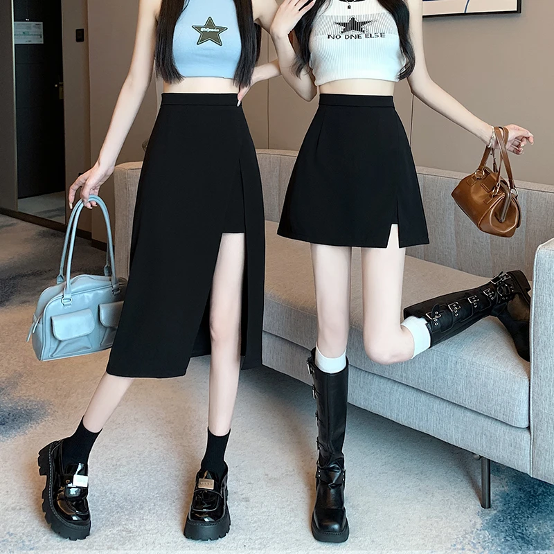 黑色开叉半身裙女春夏2025新款a字短裙高腰显瘦垂感中长款包臀裙