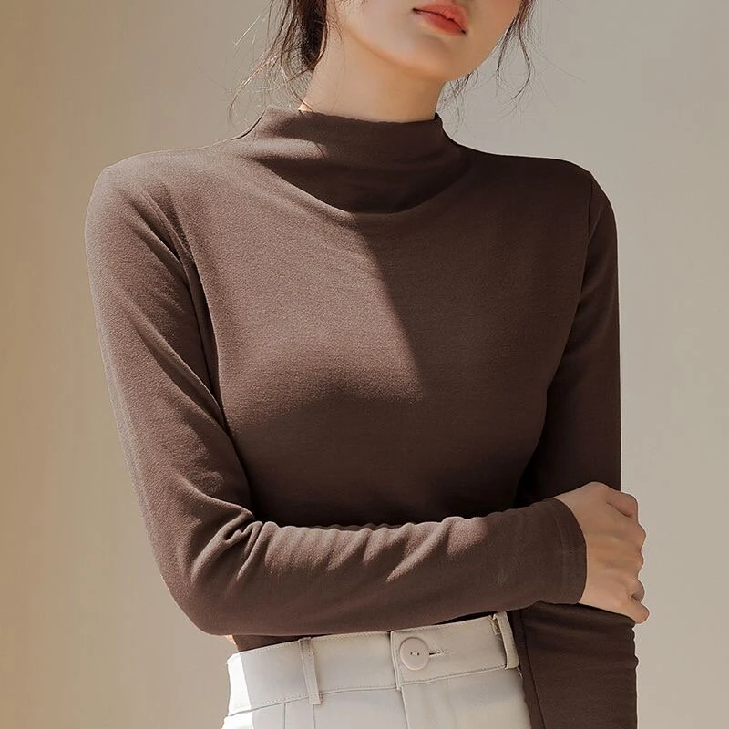 半高领黑色打底衫女内搭春秋款中领纯棉长袖T恤白色修身紧身上衣