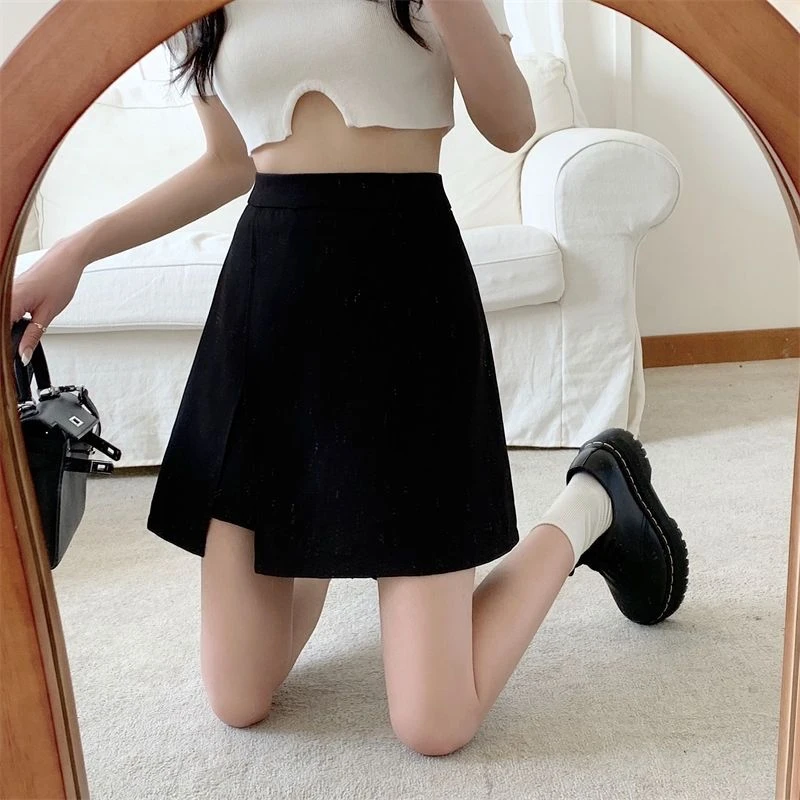 不规则防走光开叉春夏显瘦短裙裤裙a字半身裙女高腰黑色百搭包臀