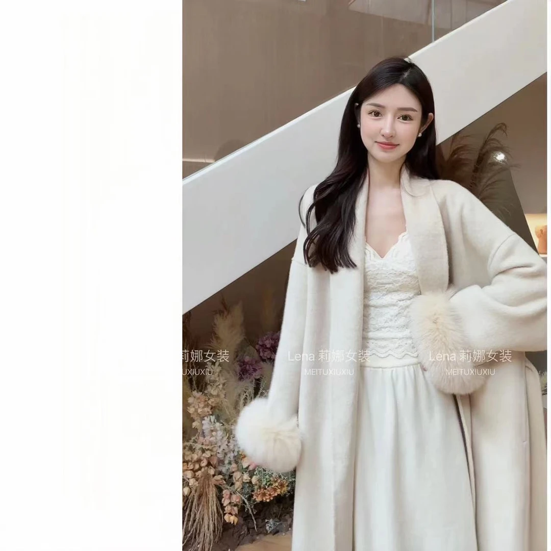 2024新品【冬日暮雪】真狐狸毛领韩版双面羊毛大衣气质慵懒风