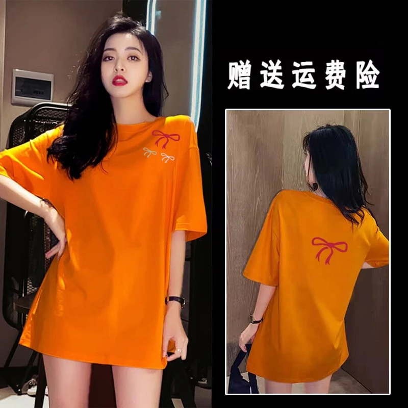 欧货正肩印花纯棉橘色t恤女短袖宽松2025新款夏季中长款圆领上衣