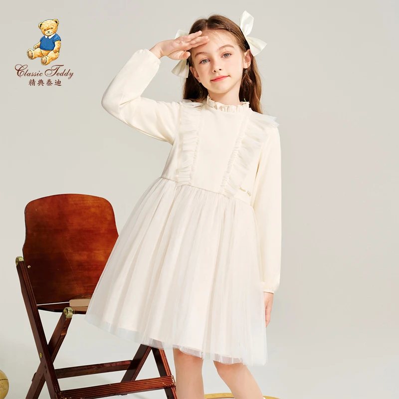 精典泰迪气质花边网纱裙女童连衣裙公主裙儿童裙子TD2303074YQ