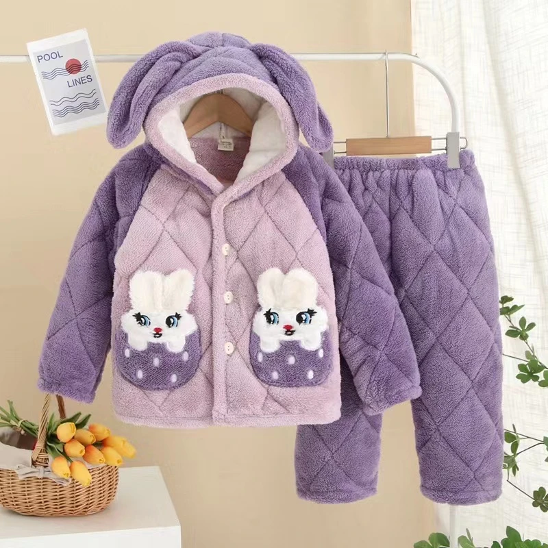 金龟绒男女孩宝宝法兰绒儿童睡衣加厚三层夹棉保暖家居服套装