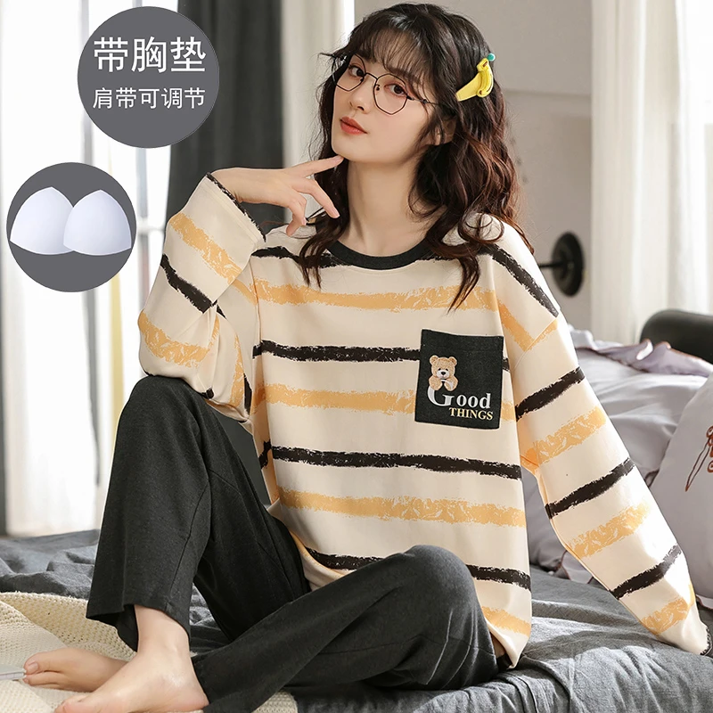 春秋季纯棉睡衣女带胸垫长袖条纹可爱小熊防凸点家居服套装可外穿