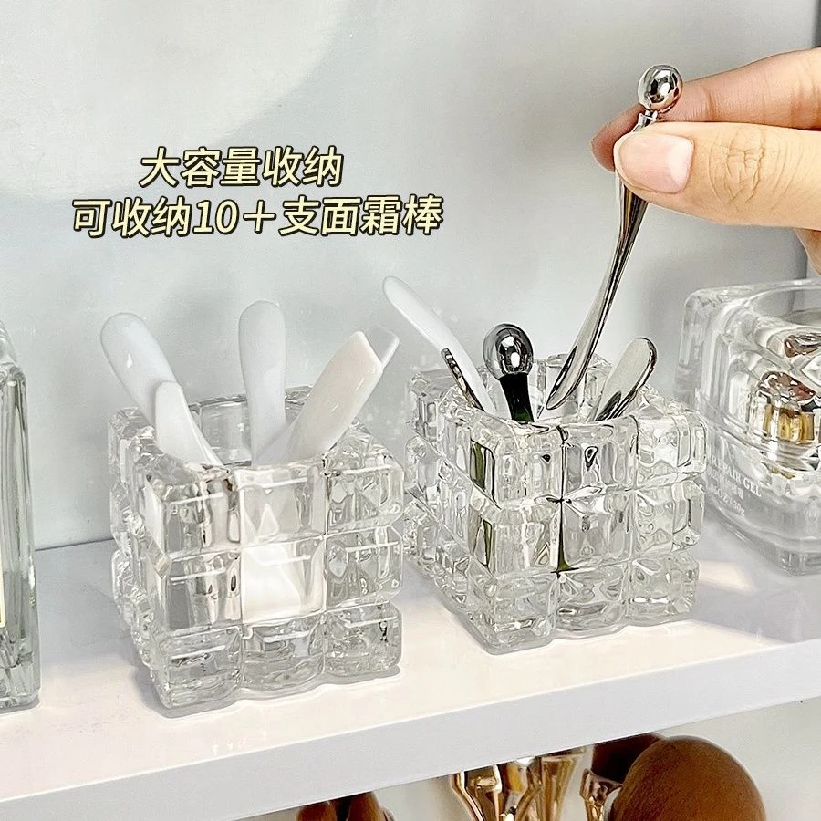 面霜勺收纳面膜勺子固定器眼霜挑棒按摩棒护肤品桌面收纳盒玻璃