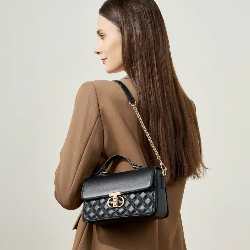 包包2025新款头层牛皮小众设计时尚小香风手提菱格绣线真皮女包