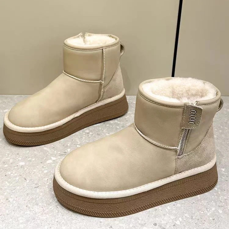 万达撤柜头层牛皮雪地靴2025冬季新款显瘦加厚皮面厚底防水防滑小