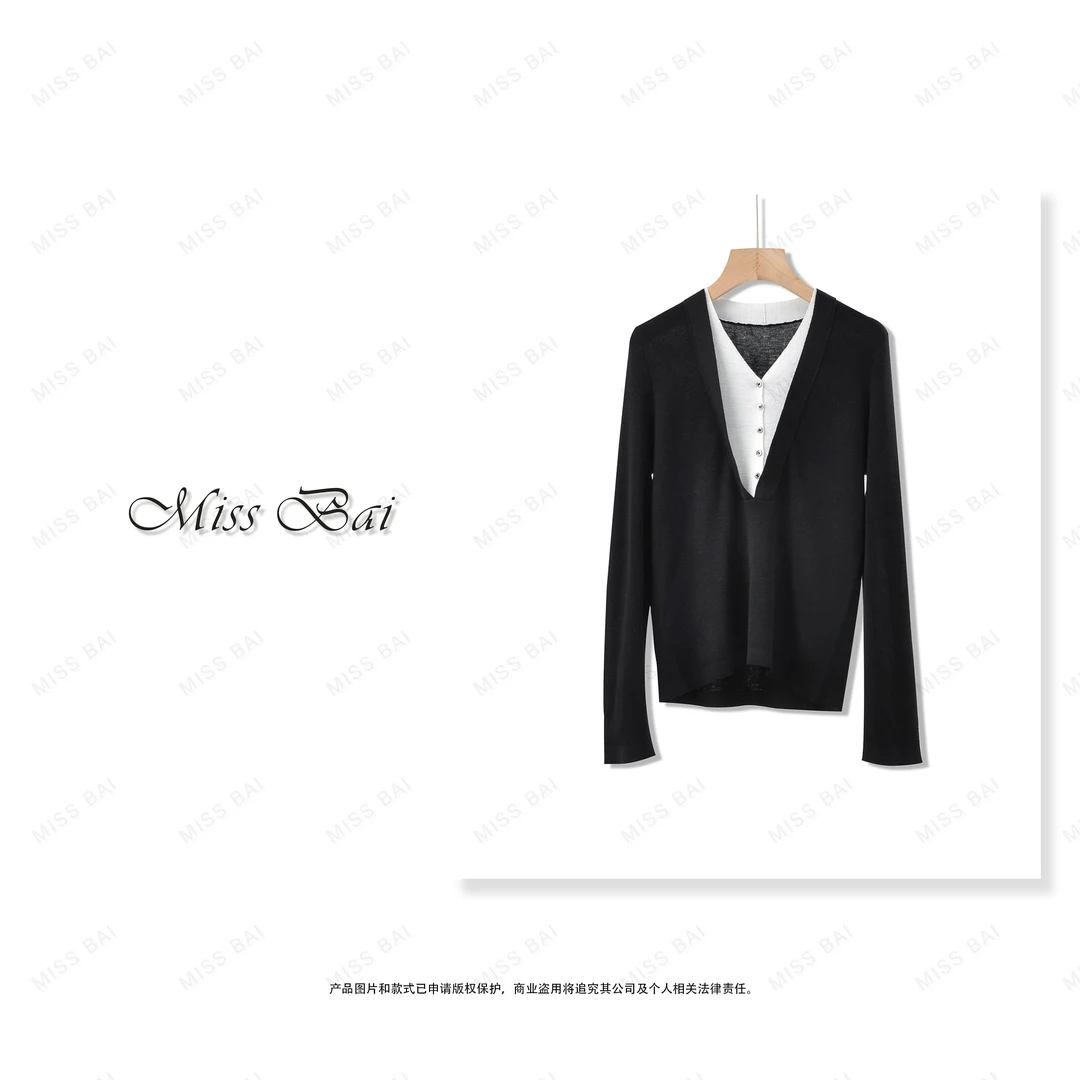 YIWEN-【往事随风】假两件V领针织羊毛衫MY2370