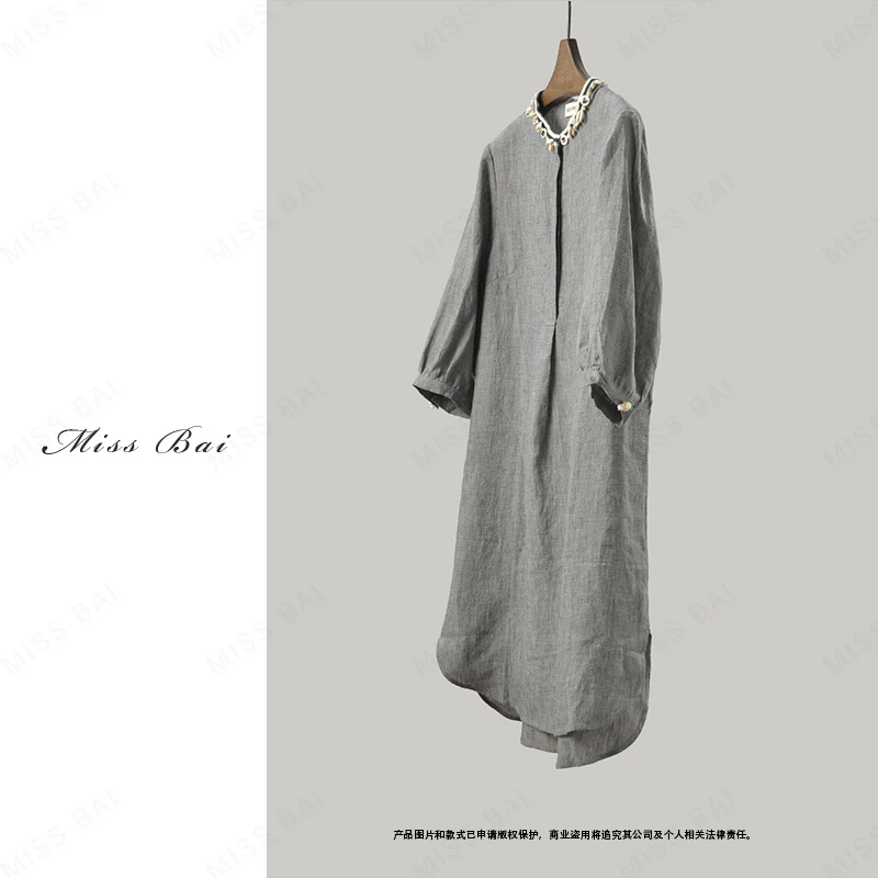 YIWEN-【漫步摩洛哥2】高级感时尚简约亚麻连衣裙QZ0088