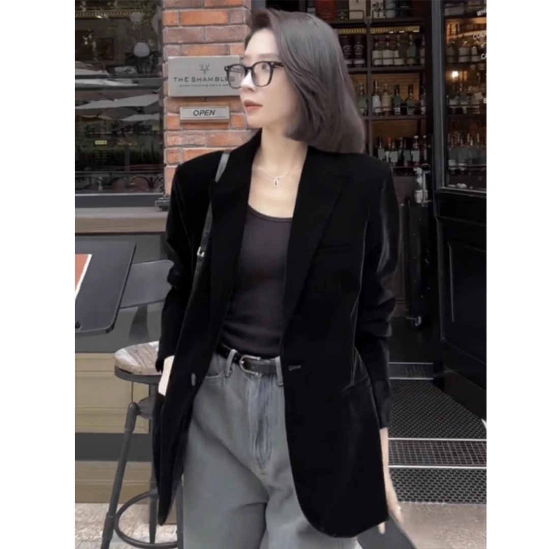 0266高级感黑色丝绒西装外套女春秋显瘦气质女神范小个子西服上衣