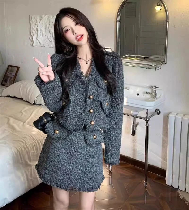 0159秋冬小香风套装盐系轻熟网红气质粗花呢外套流苏半身裙两件套