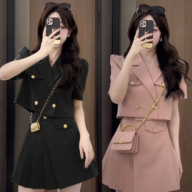 夏季新款胖MM200斤高级感设计短袖西装外套显瘦百褶裙