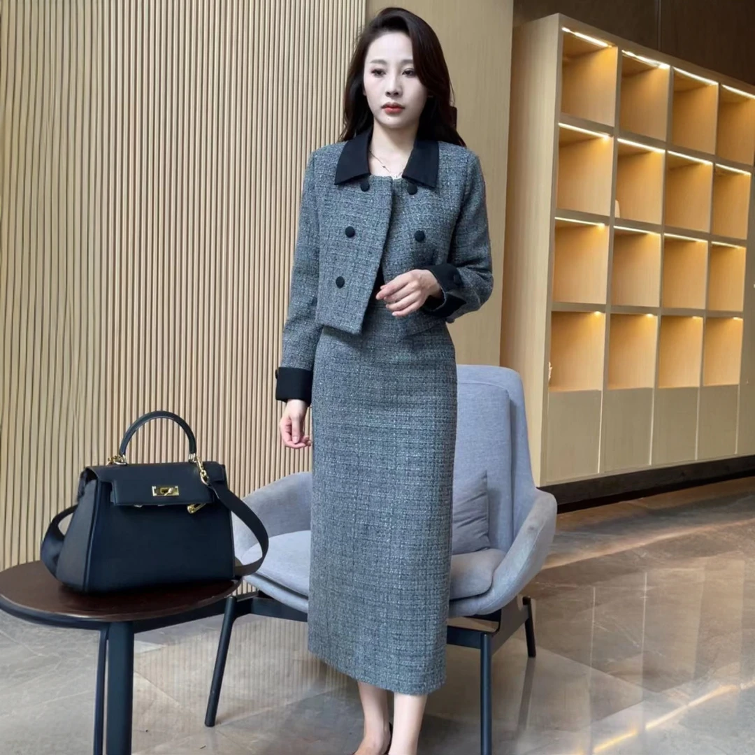 2024秋冬新款高级感小香风法式短款外套女开叉半身裙气质两件套潮