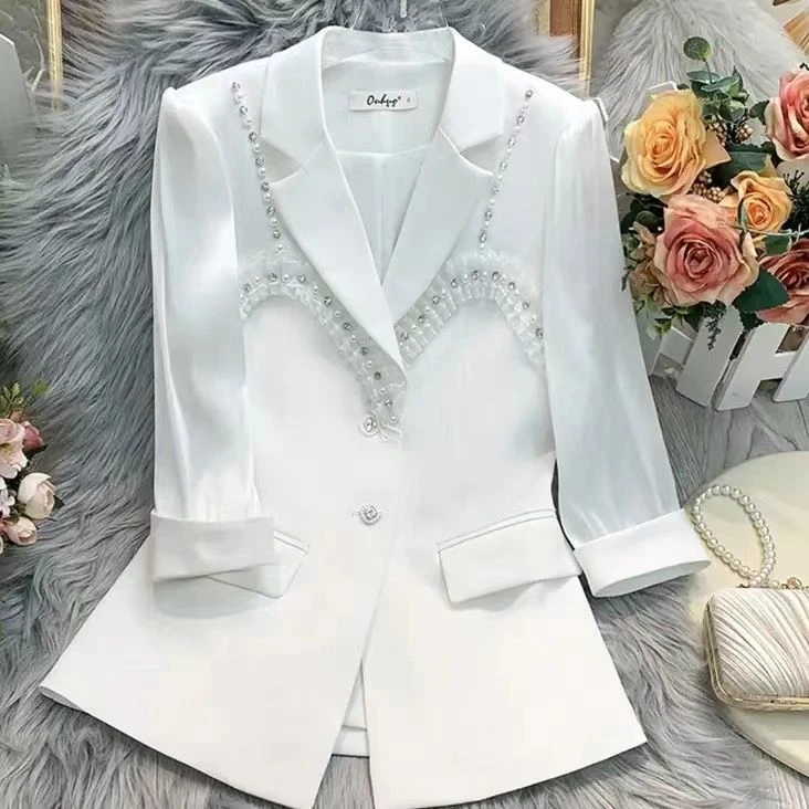 西装外套女大码女装夏系2023新款重工钉珠压褶修身七分袖小西服女
