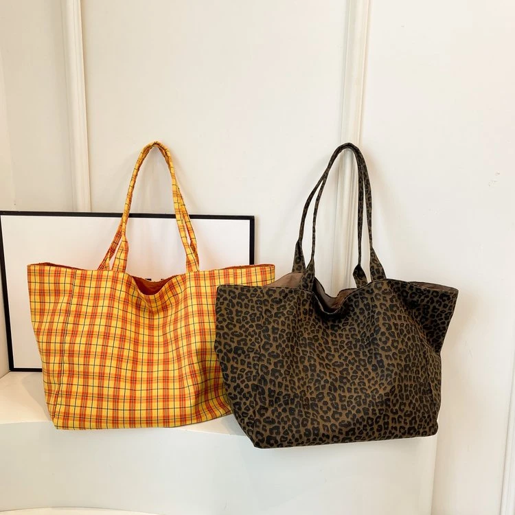 豹纹格子两面背通勤大容量包包女时尚手提单肩帆布包托特包百搭
