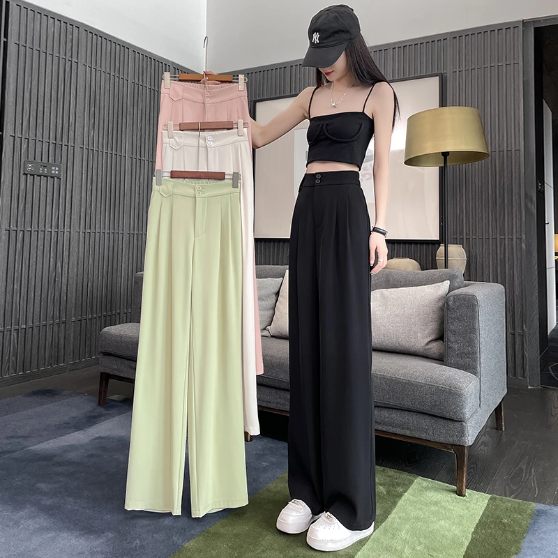 冰丝窄版阔腿裤女2024新款夏季薄款高腰显瘦垂感直筒休闲西装裤子