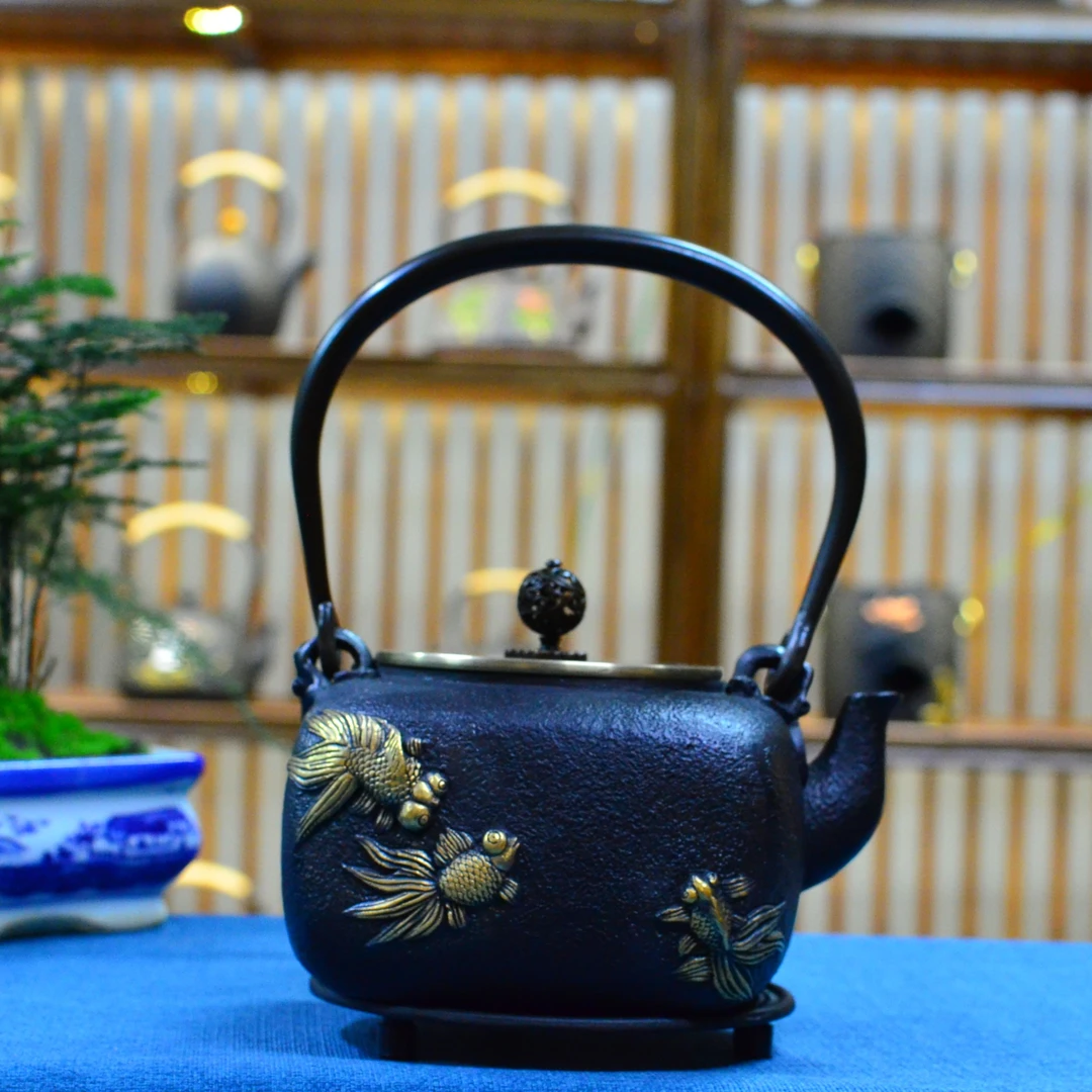 鎏金方金鱼  1000毫升  纯手工 铸铁壶  生铁壶 煮茶 烧水壶 铁壶