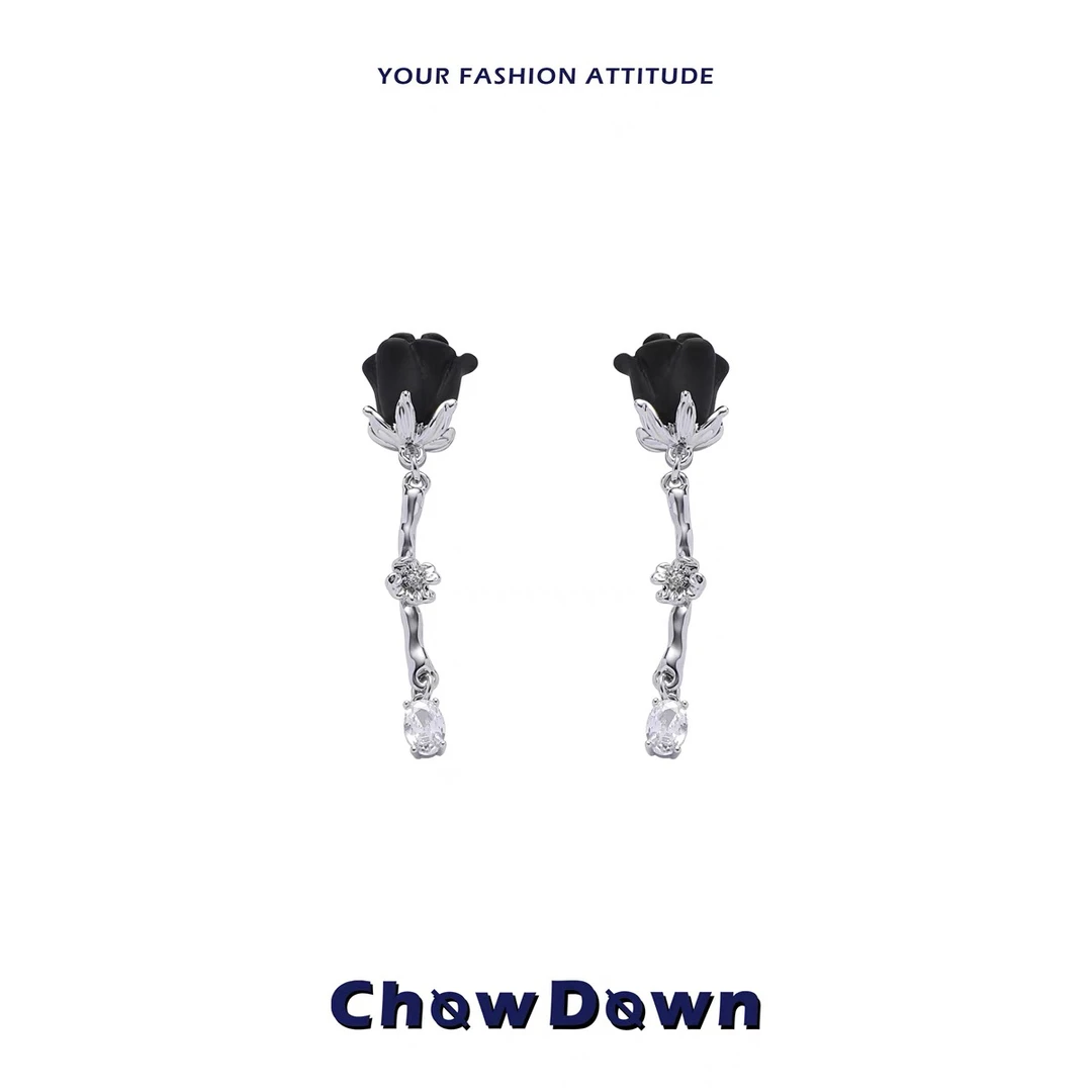 铜合金树脂耳饰 明星同款 CHOWDOWN暗夜玫瑰系列小众耳环长款耳饰