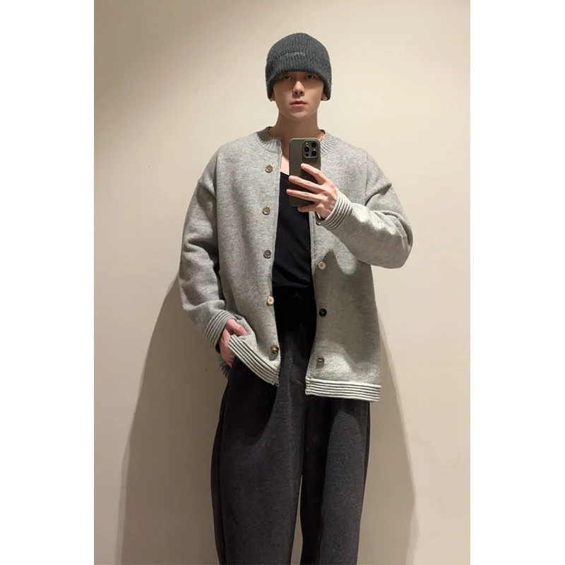 MBH | GRAYHAIR高级感简约纯色针织开衫男女同款宽松圆领毛衣外套