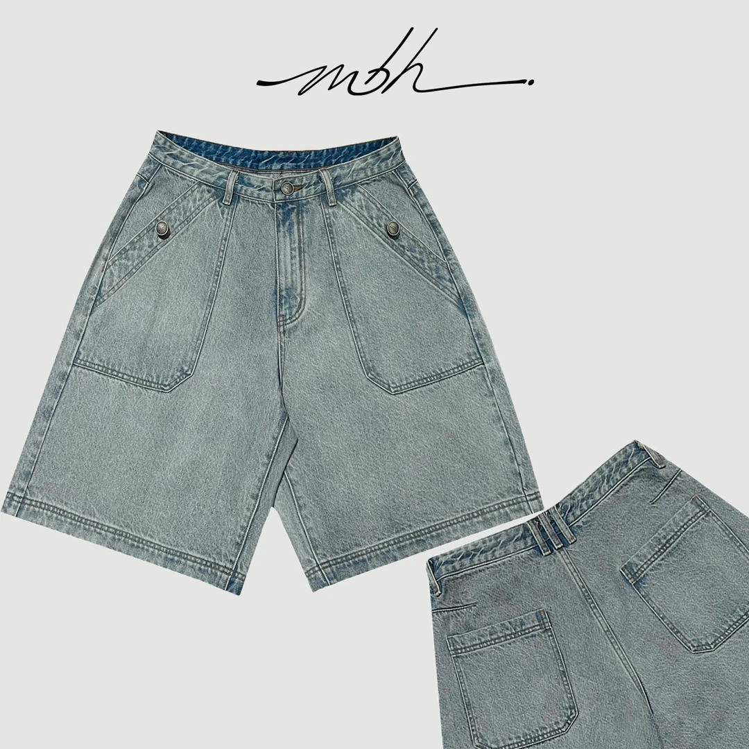 MBH|DENIMCAPRIS13盎司石洗磨白五分廓形美式牛仔裤新款牛仔短裤