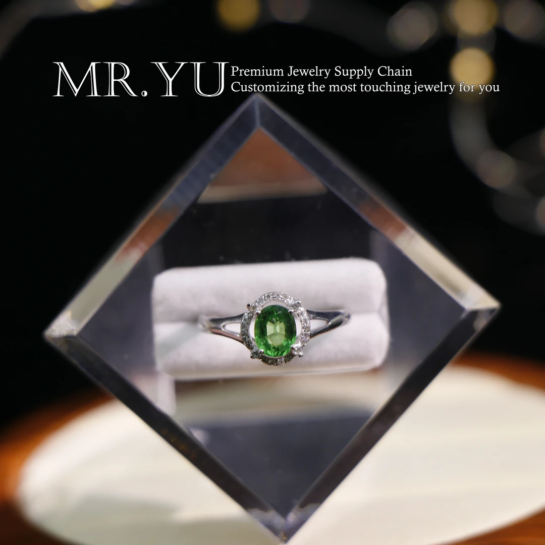 18k金天然沙弗莱戒指绿色宝石轻奢简约小众时尚百搭女戒4*6-xy105