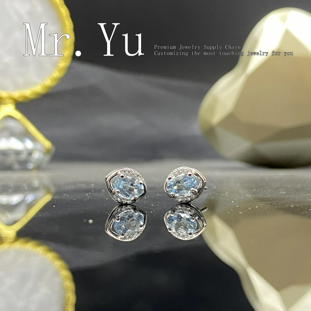 天然海蓝宝耳钉时尚百搭简约精致镶嵌气质轻奢hl020